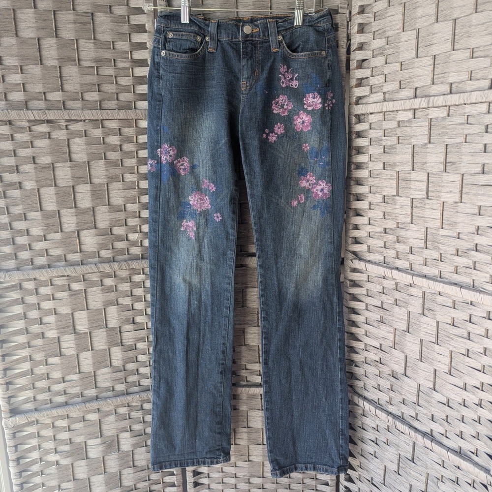 Vtg Y2K Hint Jeans‎ Dark Wash Straight Leg Denim Purple Floral Print Sz 5 Boho